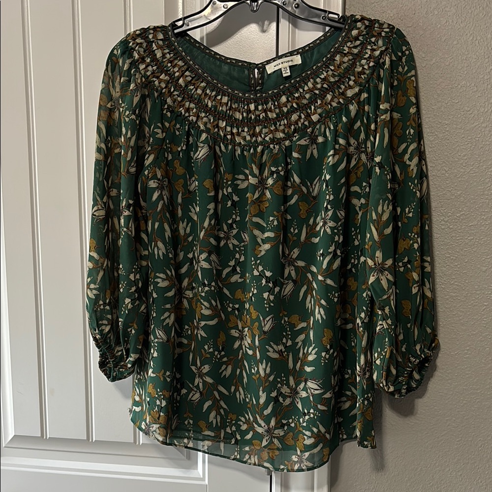 Max Studio Green and Gold Smocked Blouse